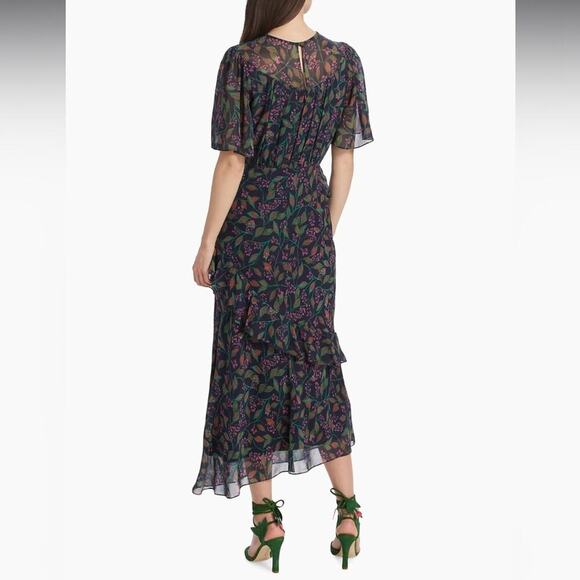 RTR Saloni Vida Ruffled Silk Georgette Asymmetric Hem Floral Midi Dress Sz 6 - Picture 2 of 13